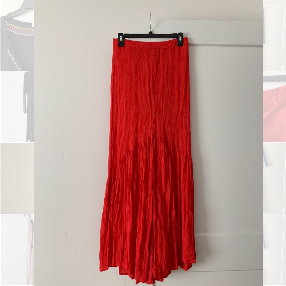 Red Gauze Maxi Button Skirt
